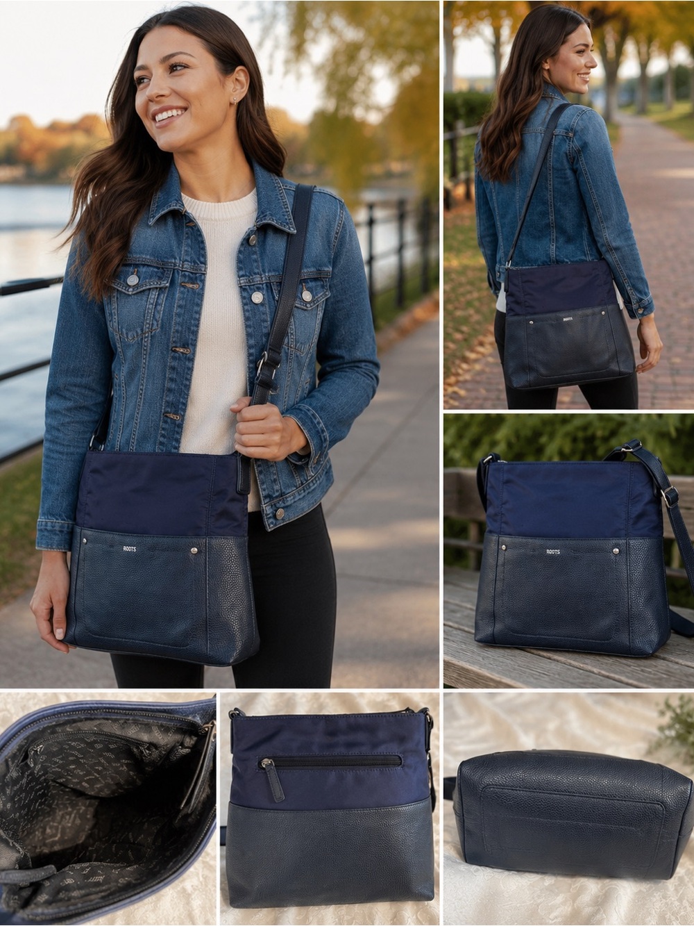 Roots Navy Nylon & Vegan Leather Crossbody Bag Adjustable Strap EUC